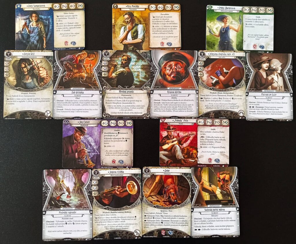 Arkham Horror Karetní hra - Odkaz Dunwiche Rozšíření pro vyšetřovatele - postavy a jejich karty